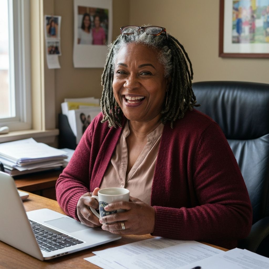 Professional business owner enjoying coffee in a warm, sunlit home office