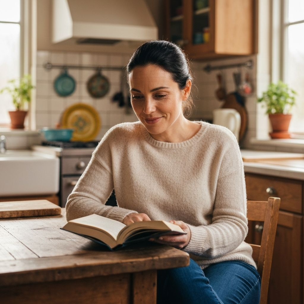 Woman figuring out her laptop at the kitchen table