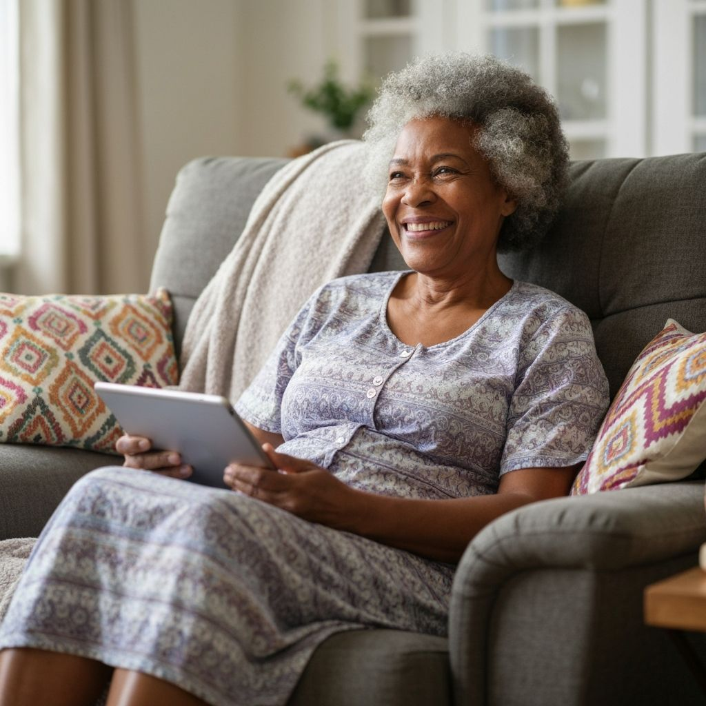 Woman relaxing with her tablet, relieved she doesn't have to be on camera